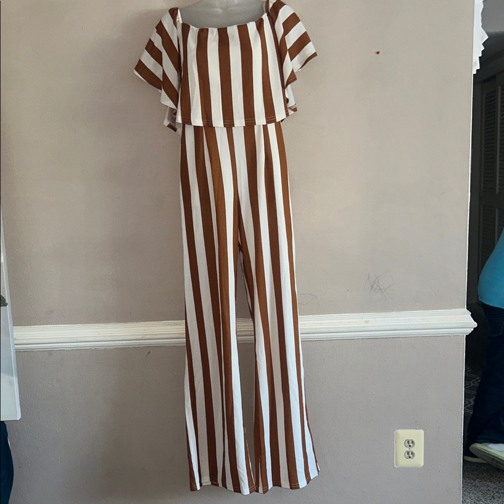 Chic Striped Jumpsuit in Brown and White